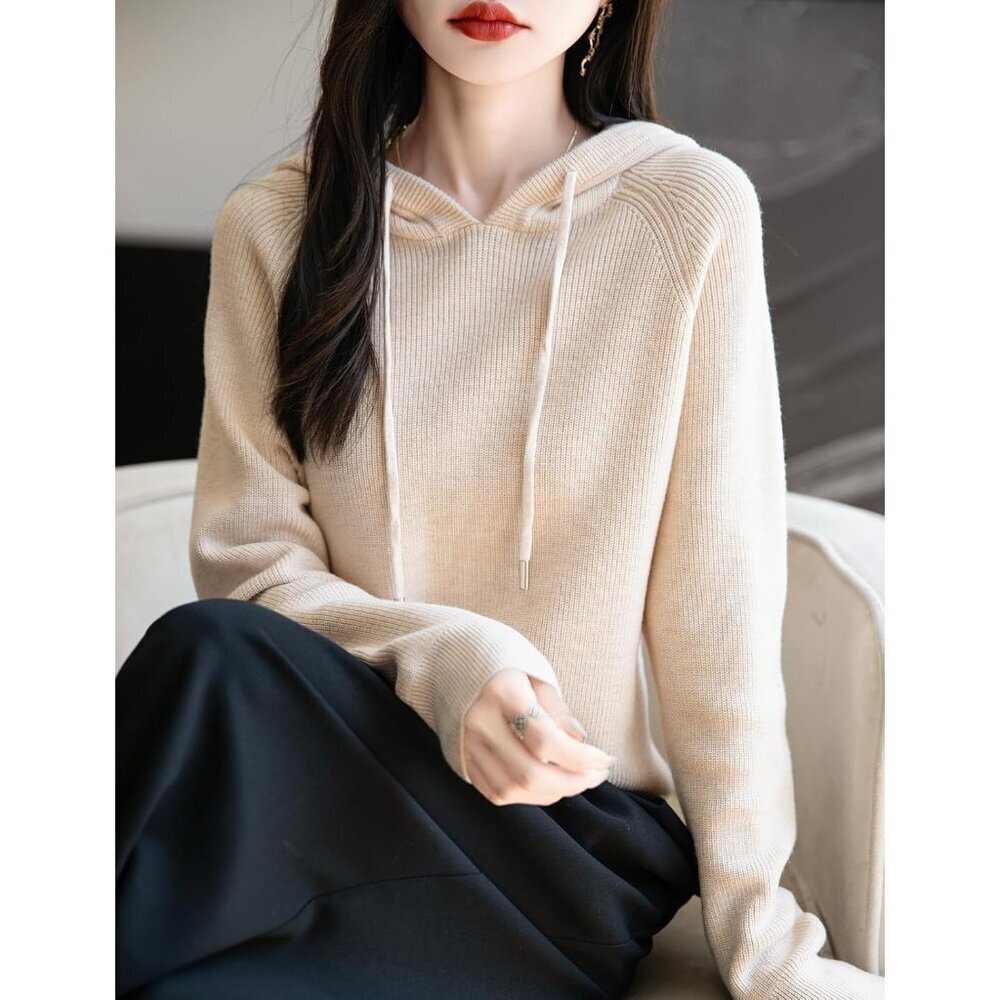 Women's Merino Wool Blend Hoodie Large Long Sleeve Casual Sweater - Picture 3 of 6